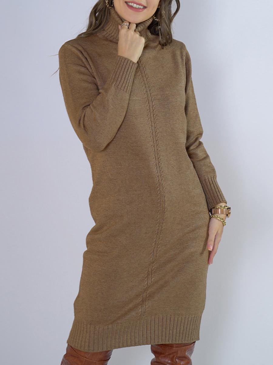 Casual Solid Color Turtleneck Long Sleeve Sweater Short Dress