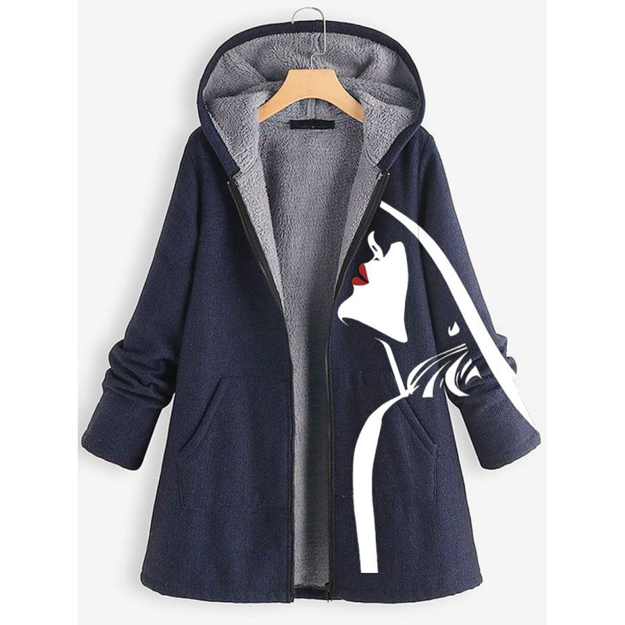 

Casual Loose Art Face Print Fleece Hooded Coat