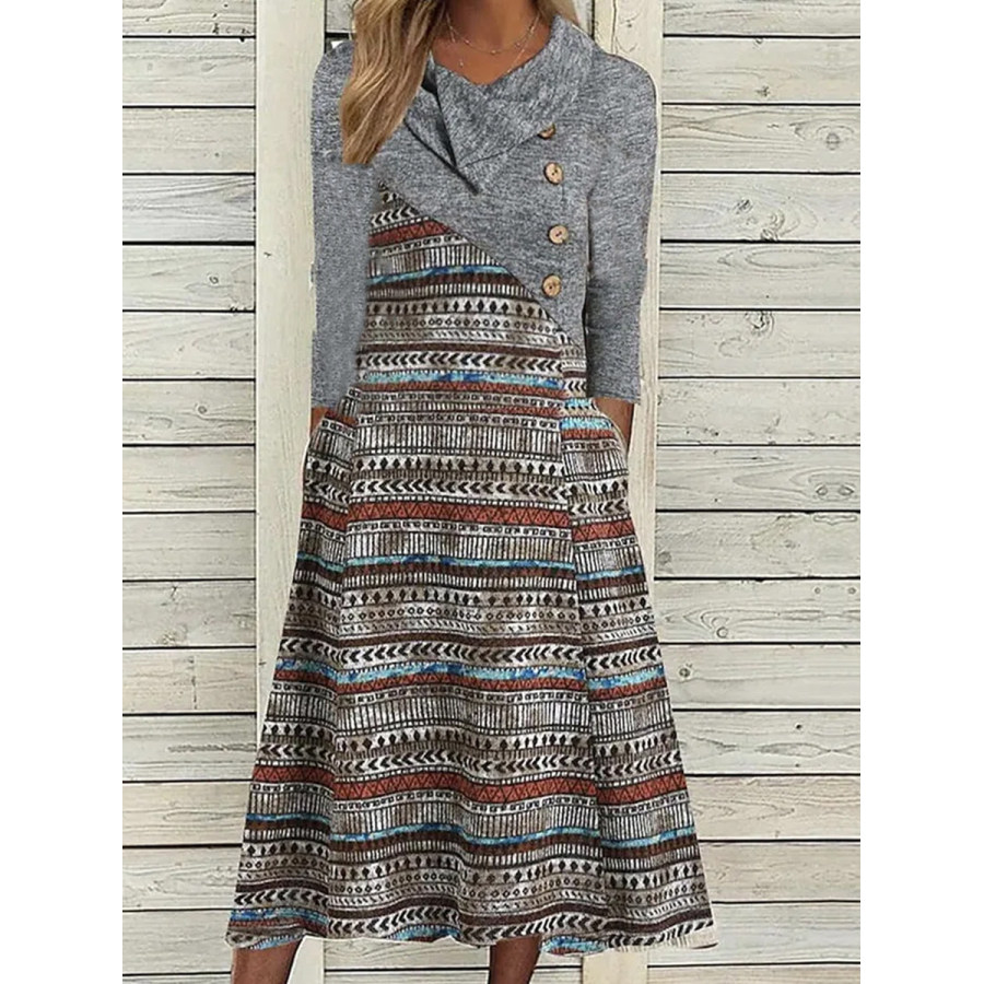 

Casual Vintage Print Button Long Sleeve Midi Dress