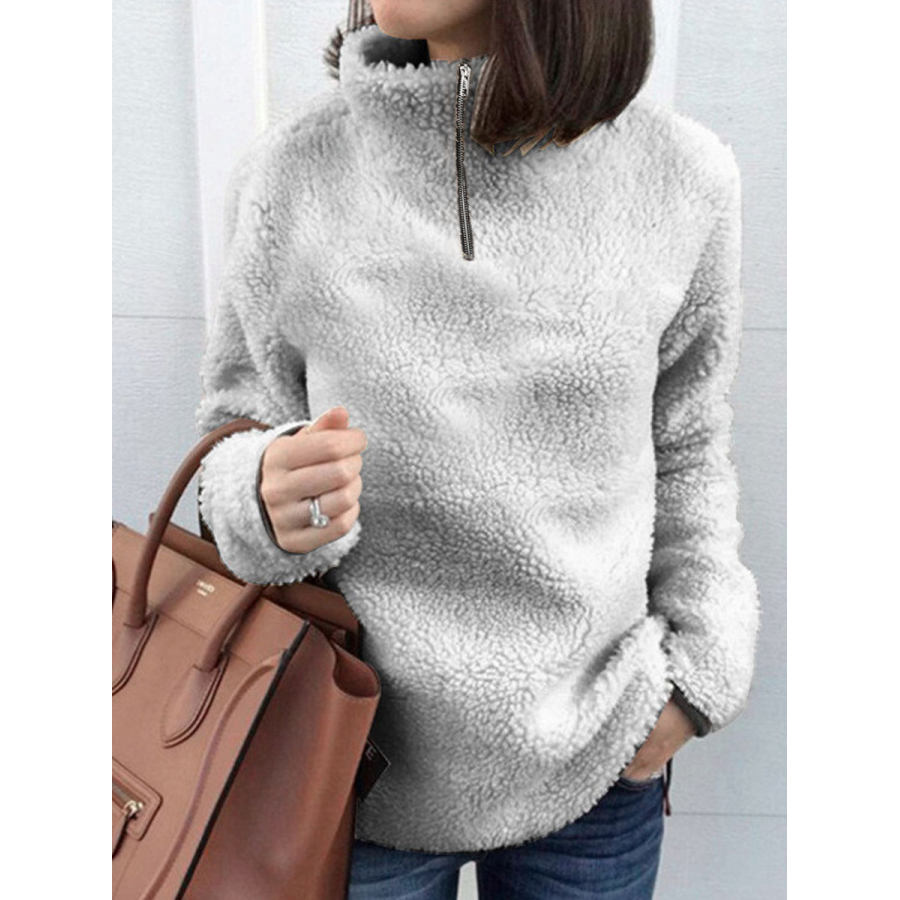 

High Neck Zipper Casual Loose Solid Color Lamb Wool Thermal Sweatshirt