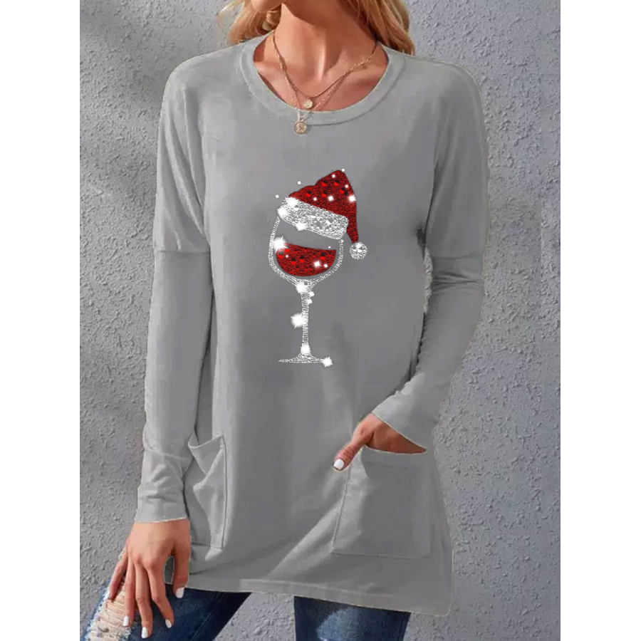 

Round Neck Loose Christmas Wine Glass Print Long Sleeve T-shirt