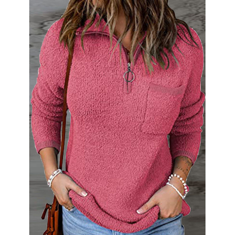 

Polo Collar Zip Casual Loose Solid Color Pullover Sweater