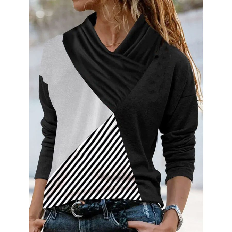 

V-neck Color Block Casual Loose Long-sleeved T-shirt