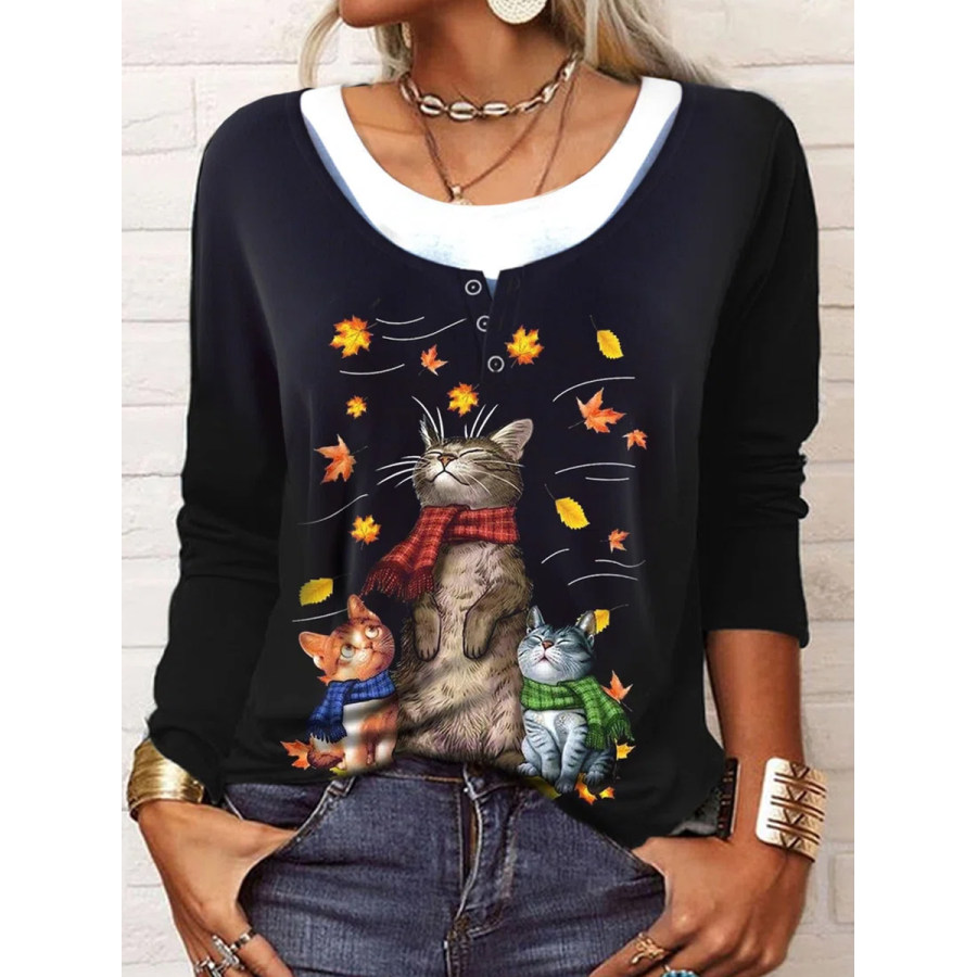 

Vintage Cat Print Crew Neck Long Sleeve T-Shirt