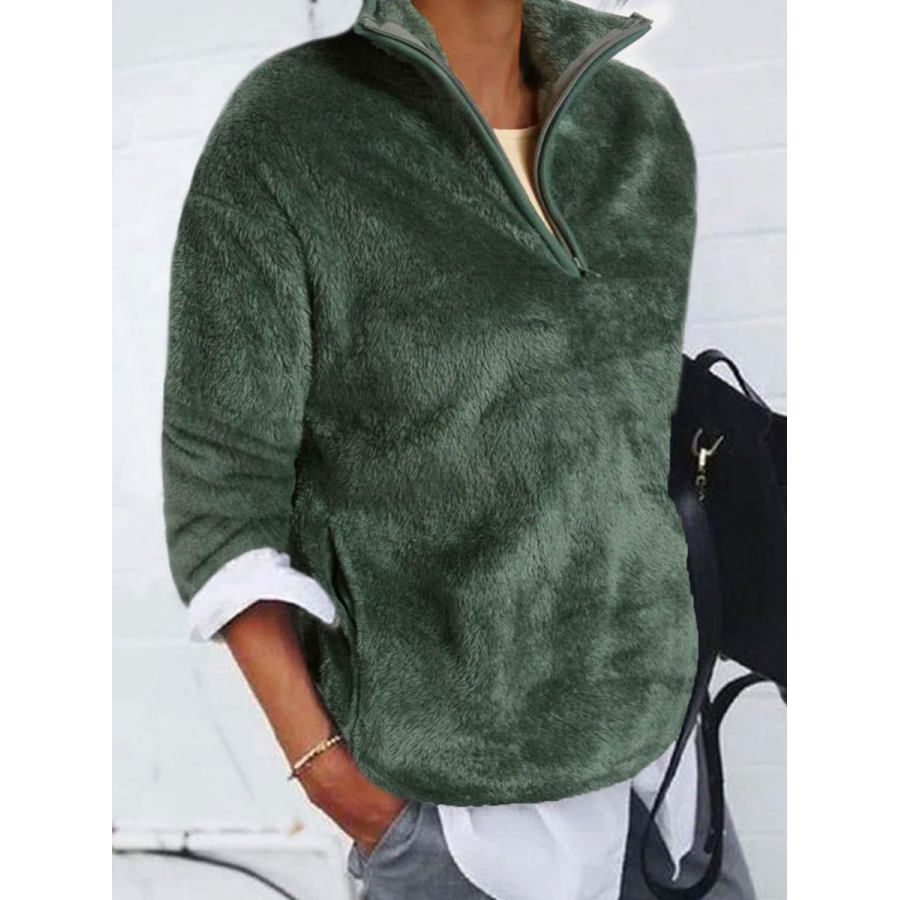 

Casual Loose Solid Color Zip Warm Sweatshirt