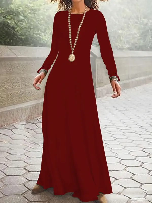 Casual Solid Color Round Neck Long Sleeve Maxi Dress - Ninacloak.com 