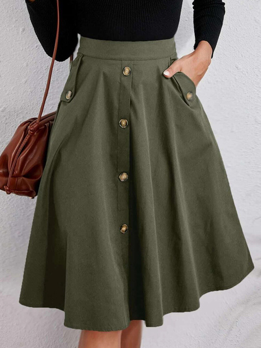 Casual Solid Color Pocket Button Skirt
