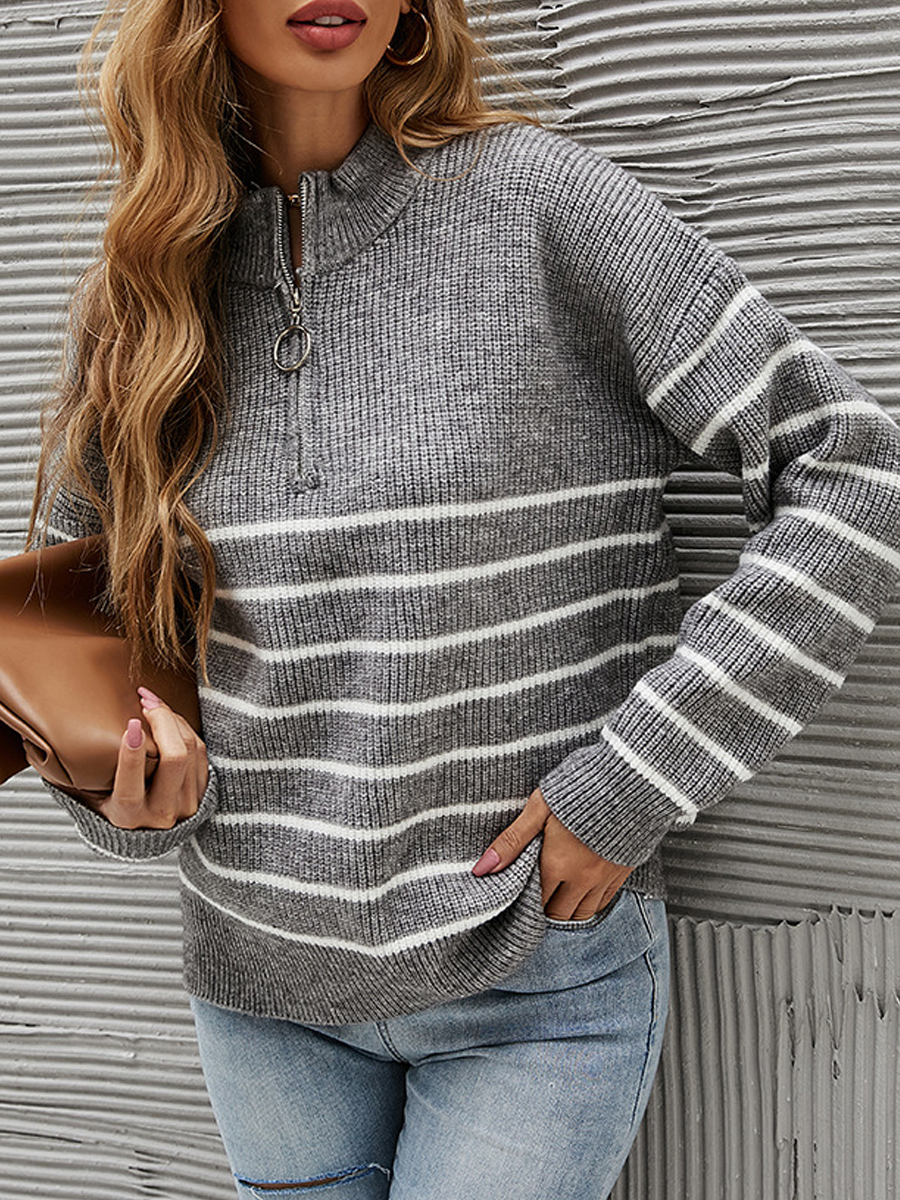 Casual Striped Half Turtleneck Chic Zippered Long Sleeve Sweater