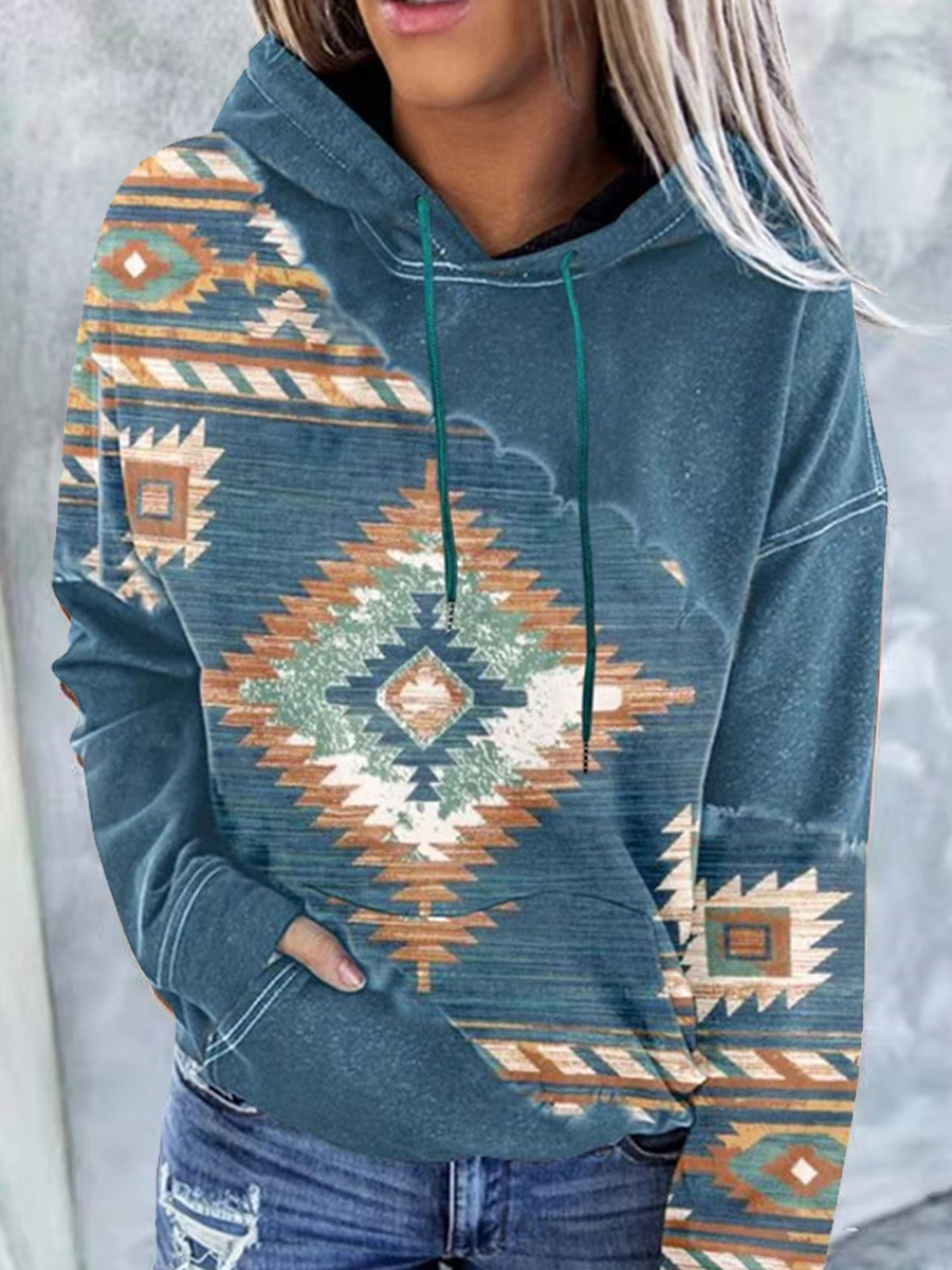 Casual Retro Ethnic Print Chic Hooded Long-sleeved Sweatshirt