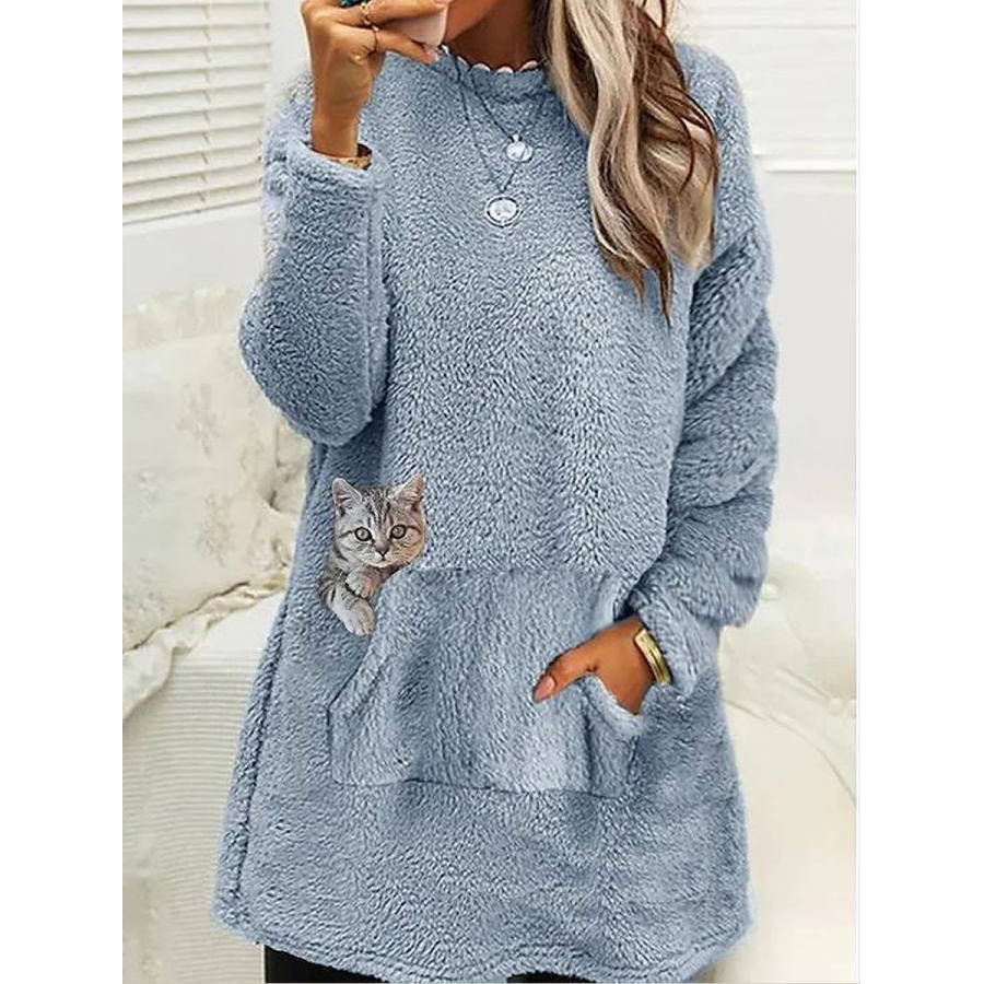 

Round Neck Casual Loose Cat Print Warm Sherpa Wool Sweatshirt