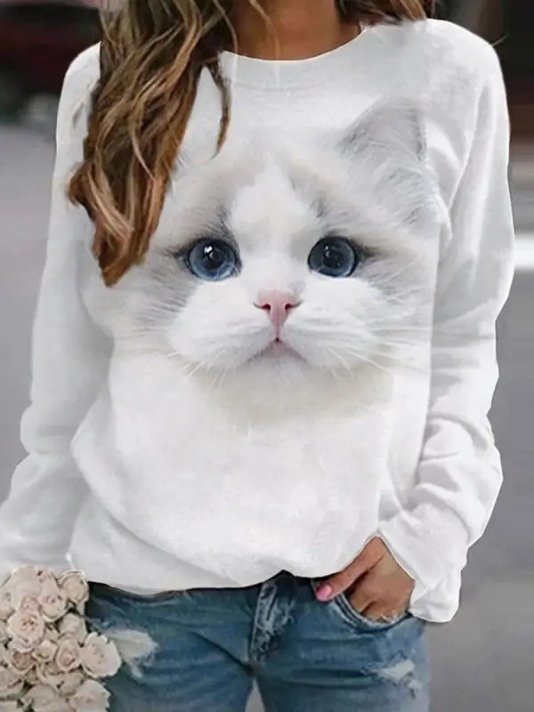 Round Neck Casual Loose Cat Print Sweatshirt - Ninacloak.com 