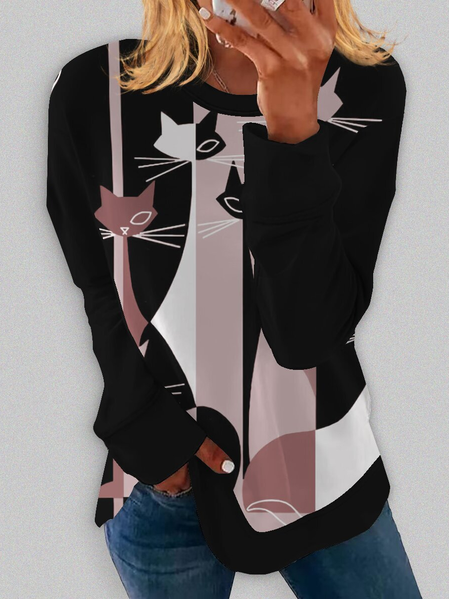 Casual Cat Print Round Neck Chic Long Sleeve Sweatshirt