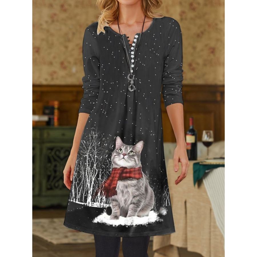 

Round Neck Casual Loose Cat Print Long Sleeve Short Dress