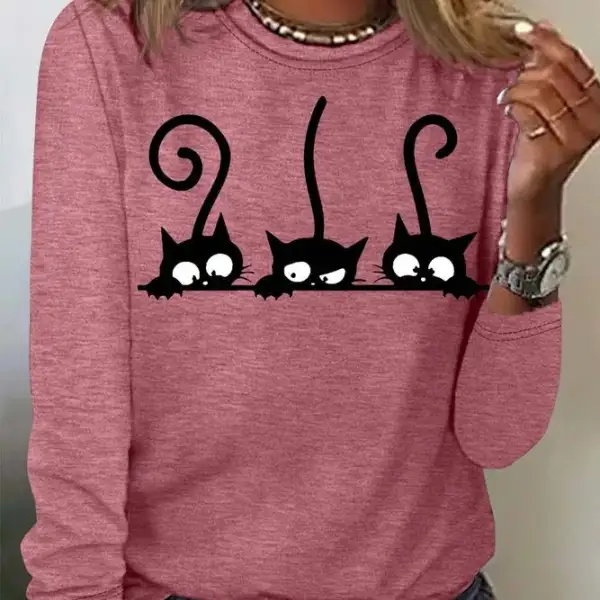 Round Neck Casual Loose Cat Print Long Sleeve T-shirt - Kalesafe.com 