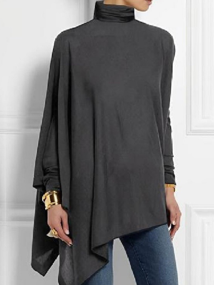 Women Casual Long Sleeves Solid Irregular Turtle neck T shirt