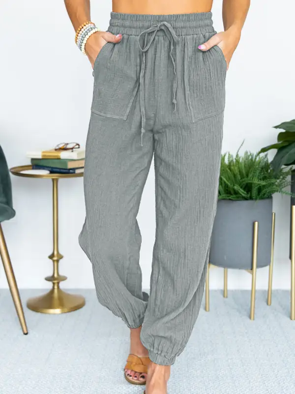 Solid Color High Waist Tie Cropped Casual Pants - Ninacloak.com 
