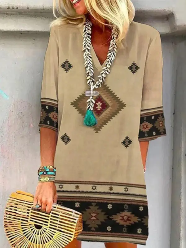 Loose V-neck Printed Western Ethnic Style Short-sleeved Dress - Ninacloak.com 