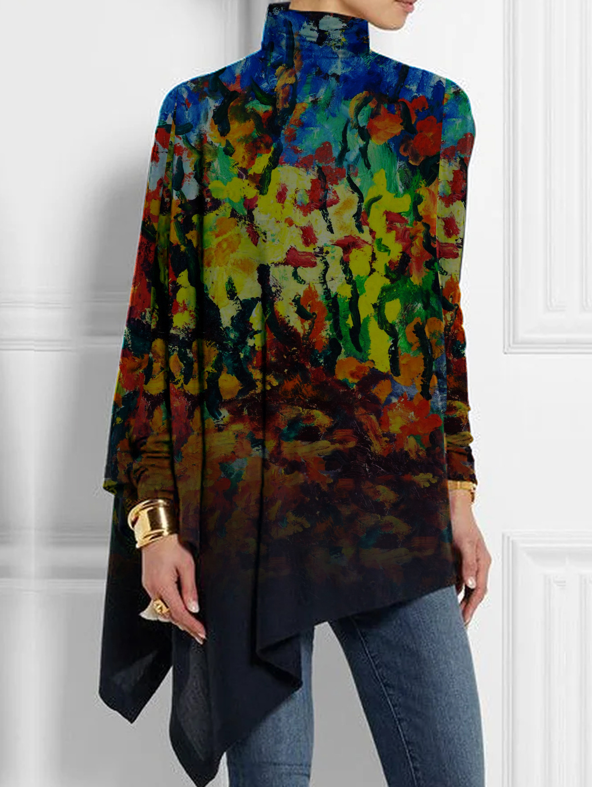 Women Casual Printed Asymmetric Hem Long Sleeves T shirt