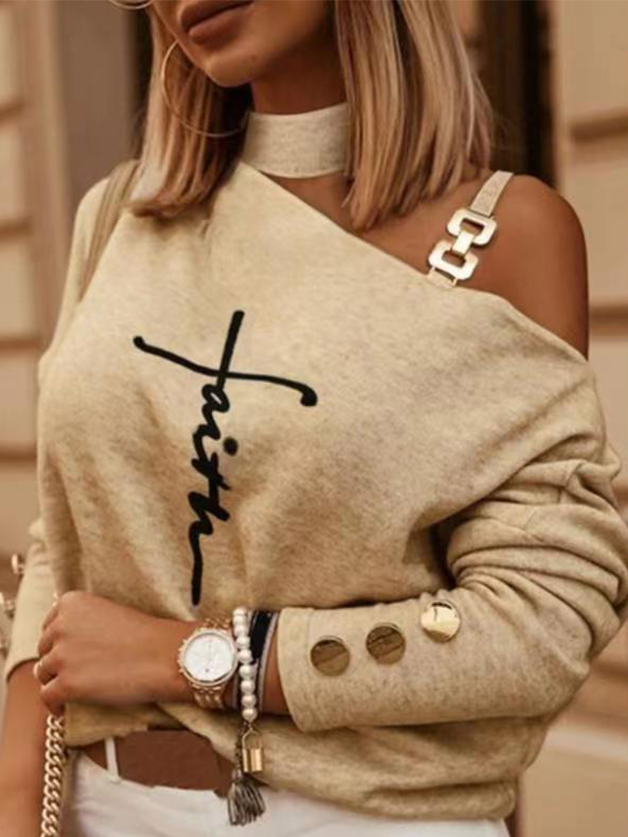 Women Casual Long Sleeves Printed Cold Shoulder T shirt