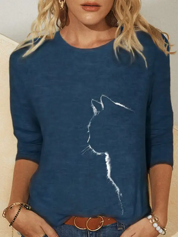 Round Neck Casual Loose Cat Print Long Sleeve T-shirt - Ninacloak.com 