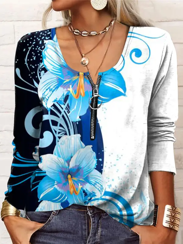 Round Neck Zipper Loose Casual Floral Print Long Sleeve T-Shirt - Ninacloak.com 