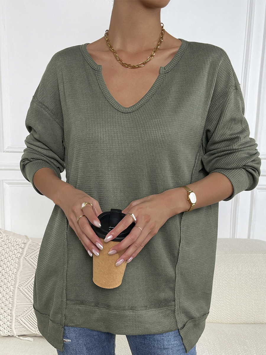 V Neck Long Sleeves Solid Loose T shirt
