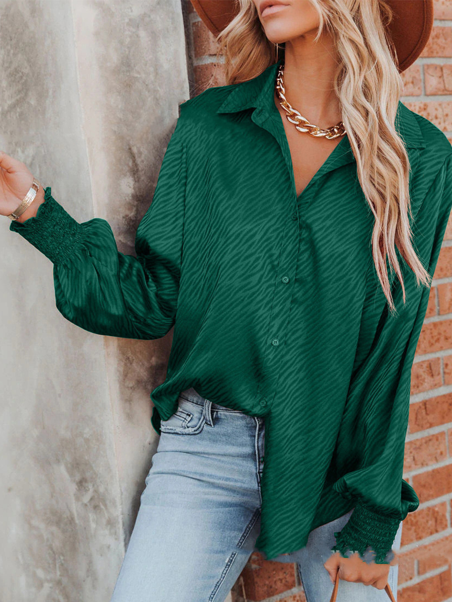 Zebra Printed Lapel Button Loose Lantern Long Sleeves Blouse