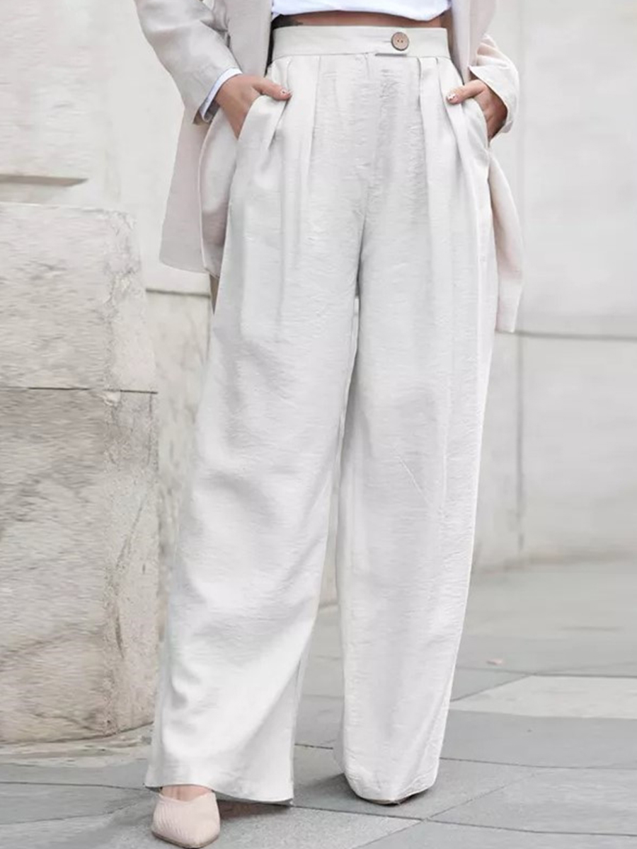 Women Linen Blend Casual Solid Buttoned Pockets Pants