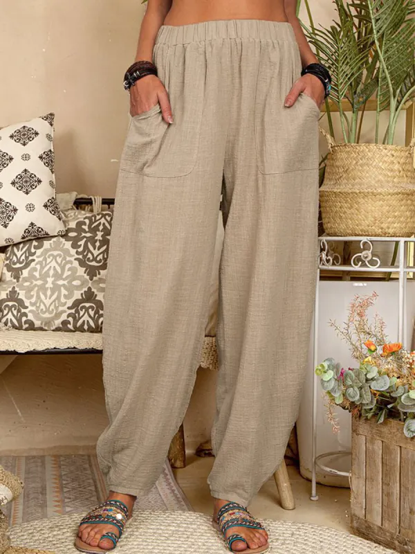 Linen Blend Casual Solid Pockets Women Harlan Pants - Ninacloak.com 