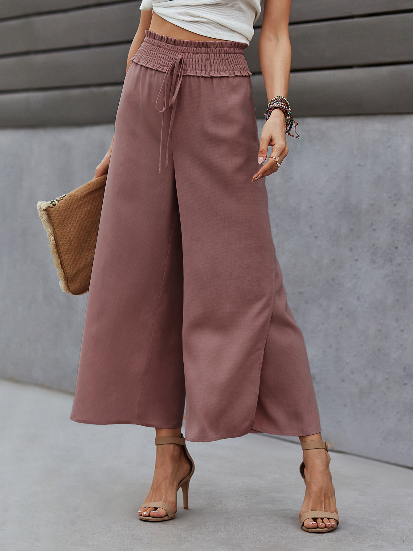 Elastic Waist Solid Color Wide Leg Pants