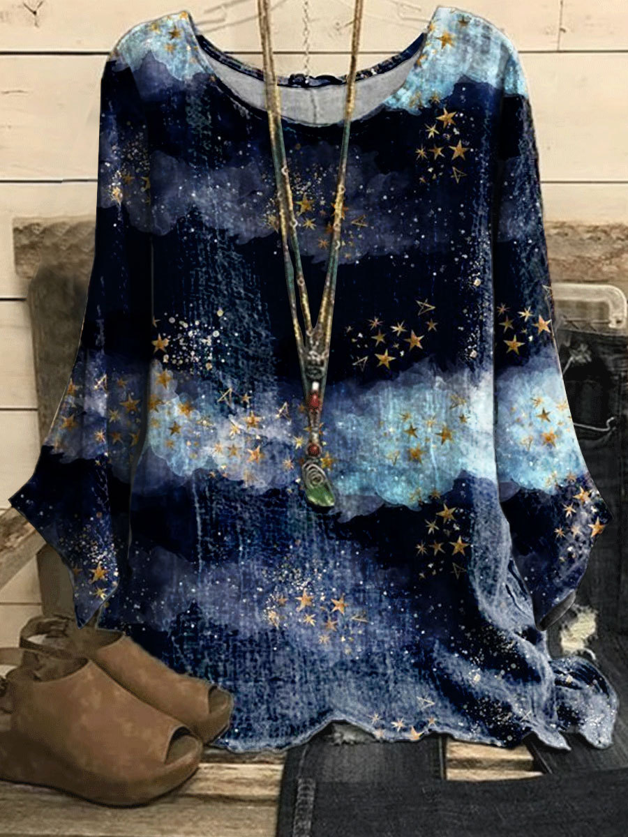 Round Neck Casual Loose Star Print Long sleeved Blouse