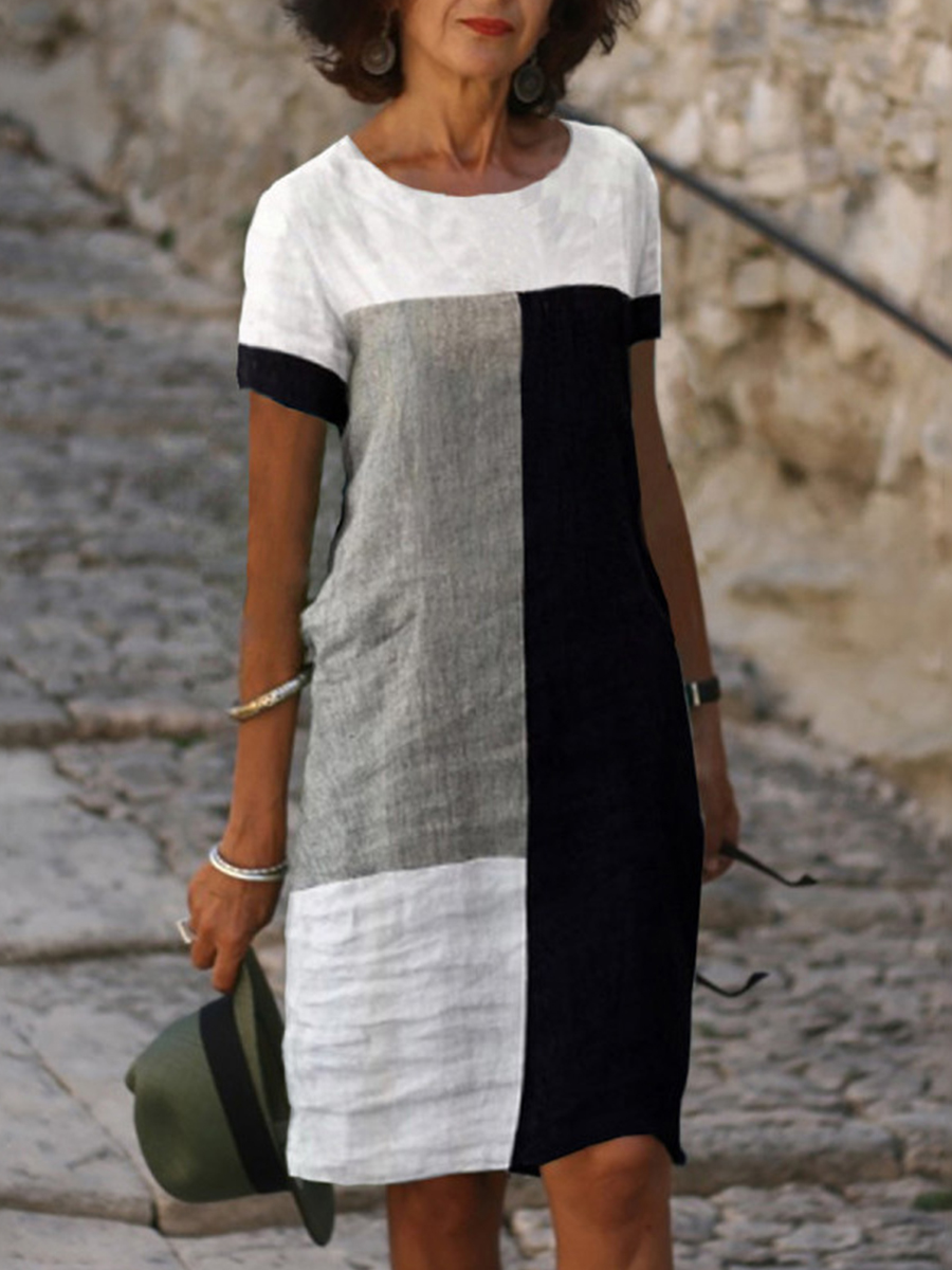 Color Block Short Sleeves Round Neck Linen Blend Short Dress