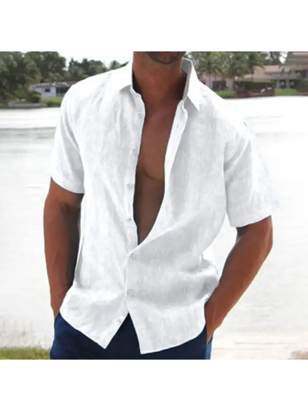 Summer Lapel Solid Color Short Sleeve Men's Linen Blouse - Ninacloak.com 