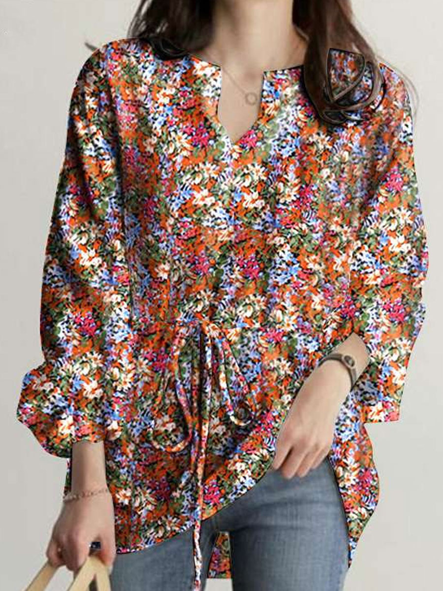 V neck Casual Loose Floral Print Long Sleeve Blouse