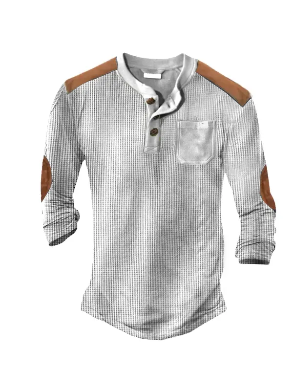 Men's Outdoor Color Contrast Henley Waffle Long Sleeve T-Shirt - Ninacloak.com 