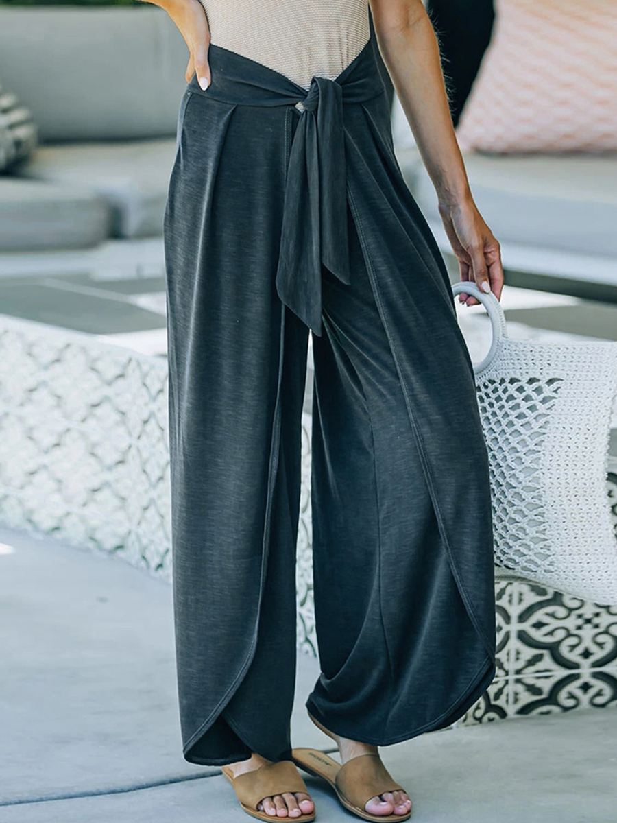Loose Belt Tied Pocket Wide Leg Casual Pants