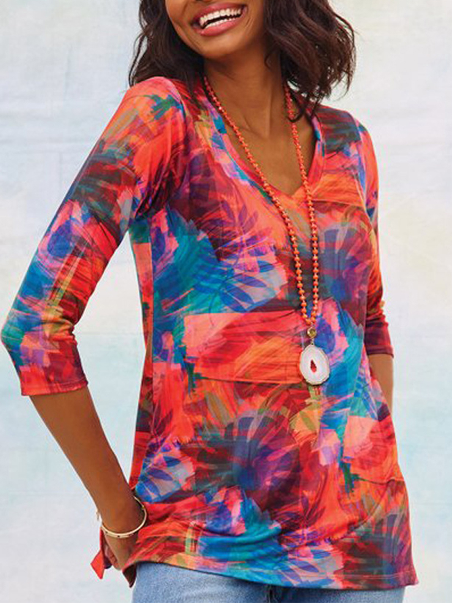 3/4 Sleeves V Neck Printed Casual T shirt