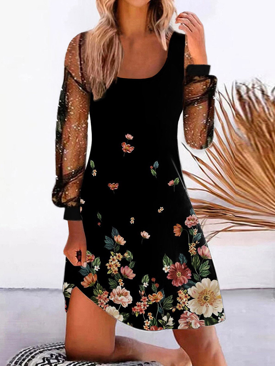 Paneled Long Sleeves Square Neck Printed Short Dress