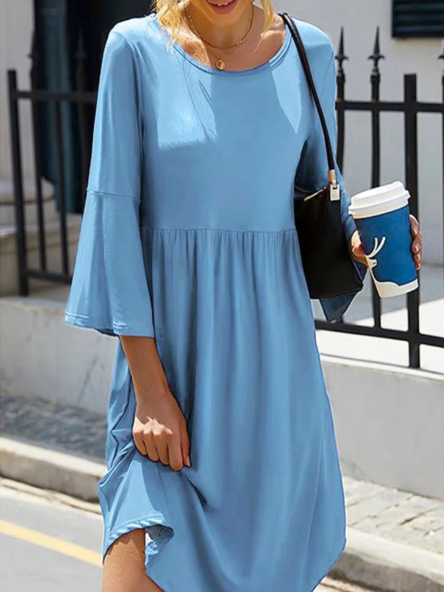 Women 3/4 Sleeves Solid Round Neck Casual Short Dress