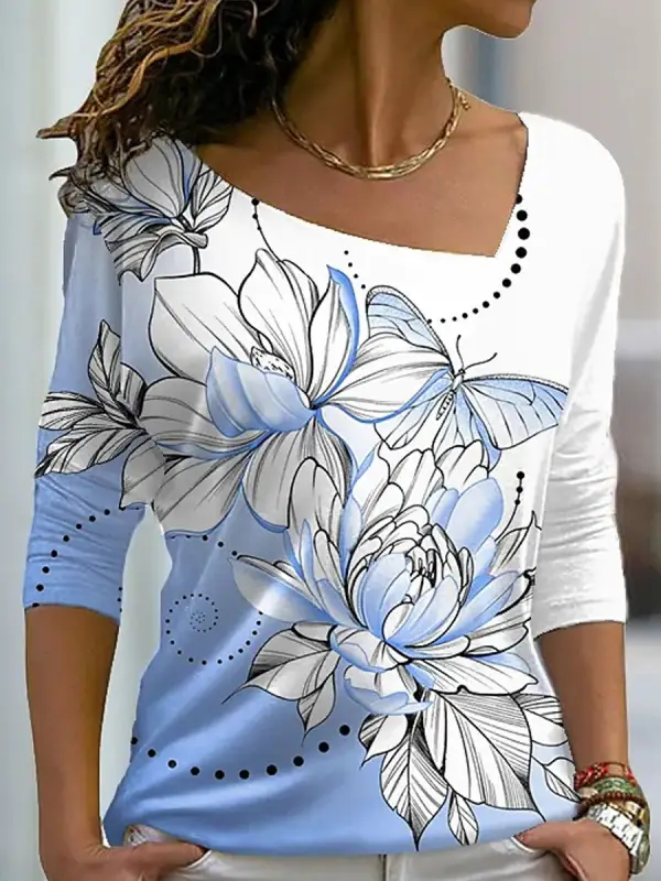V-neck Casual Loose Floral Print Long Sleeve T-shirt - Ninacloak.com 