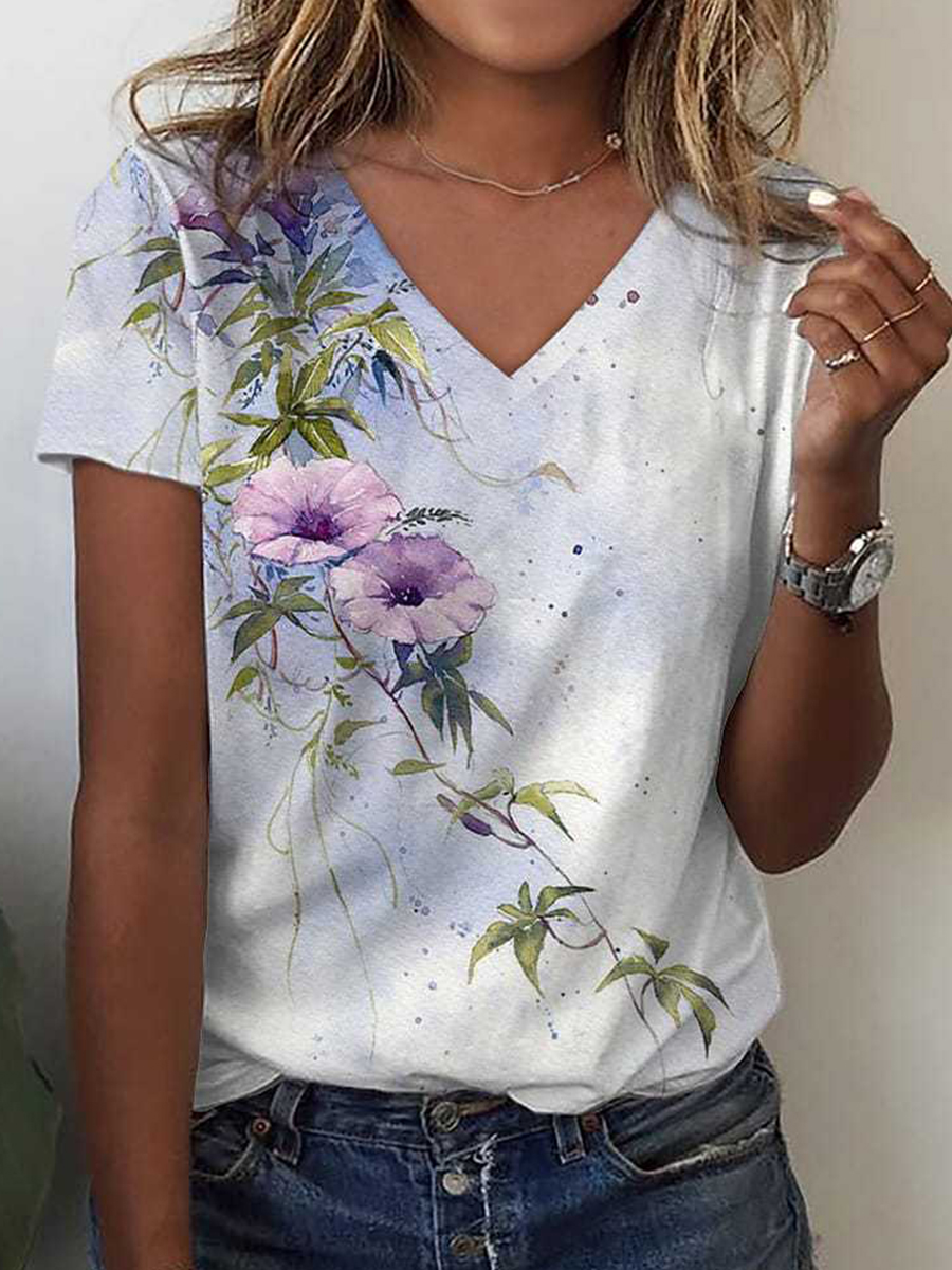 V Neck Short Sleeves Printed Casual T shirt