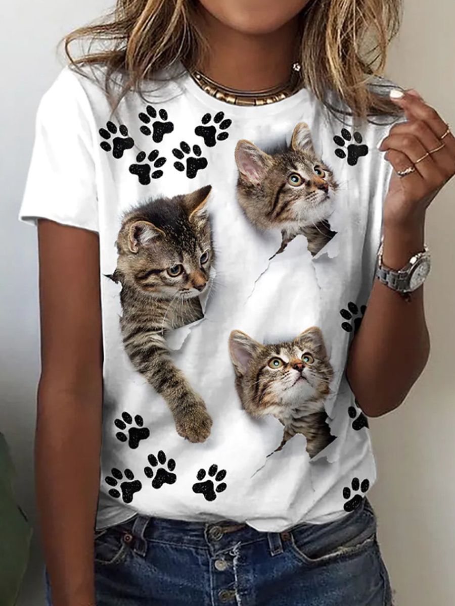 Cats Printed Short Sleeves Round Neck T shirt