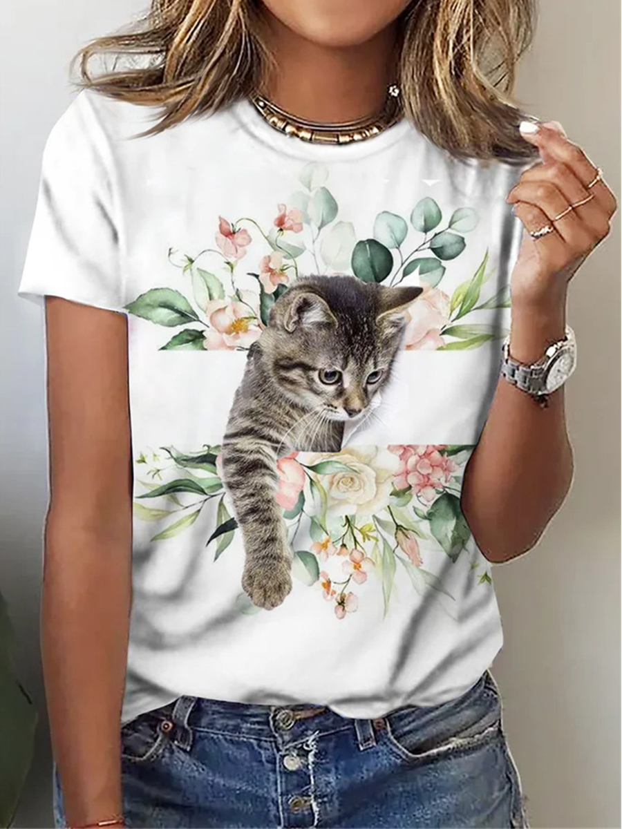 Women Casual Round Neck Short Sleeves Printed T shirt