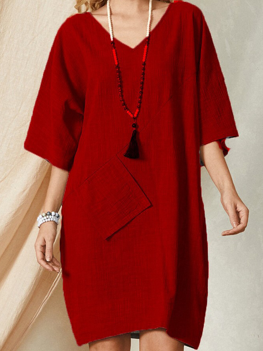 Half Sleeves V Neck Solid Pockets Casual Loose Short Dress