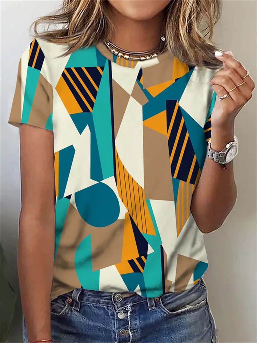 Women Casual Short Sleeves Printed Round Neck T shirt
