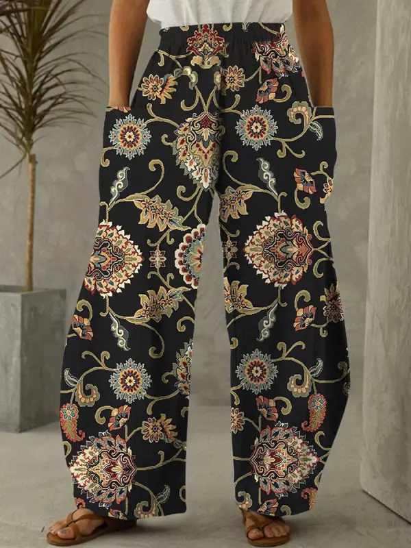 Casual Loose Floral Print Elasticized Wide-Leg Pants - Ninacloak.com 