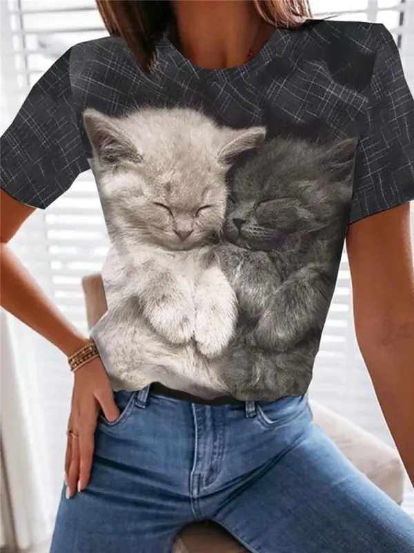 Women Casual Short Sleeves Round Neck Cat Printed T-shirt - Ninacloak.com 
