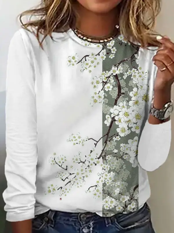 Round Neck Casual Loose Floral Print Long Sleeve T-Shirt - Ninacloak.com 