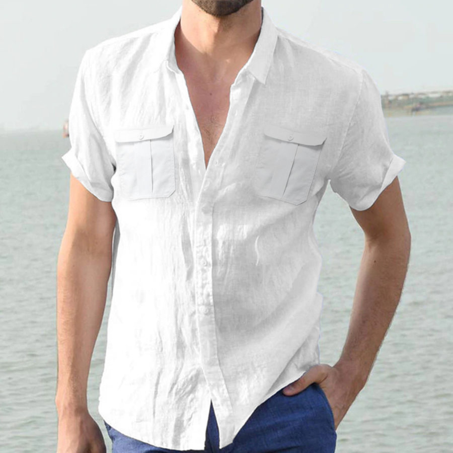 

Men's Solid Color Short Sleeve Linen Two Pocket Shirt