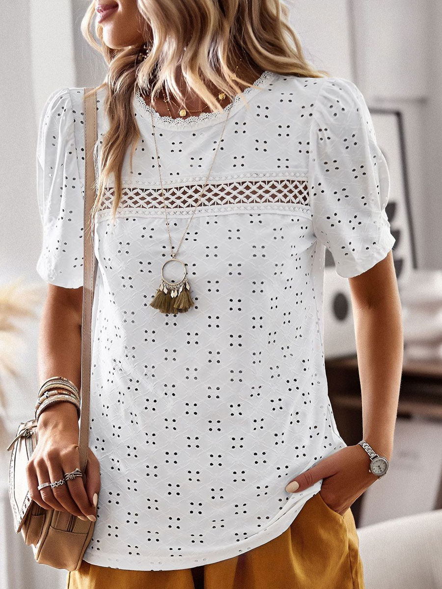 Round Neck Casual Loose Embroidery Hollow Short sleeved Blouse